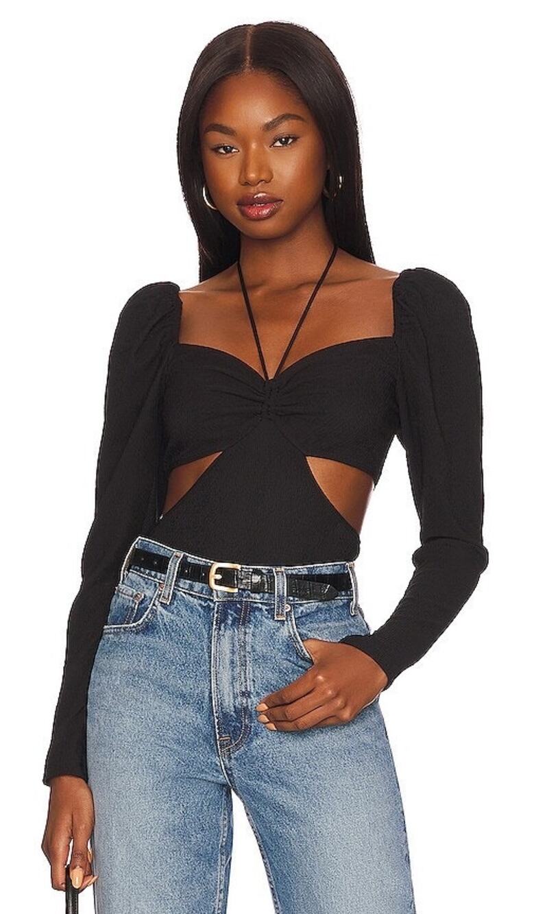 NWT ASTR The Label Sz L Dionne Black Long Sleeve Cut Out Waist Halter Bodysuit